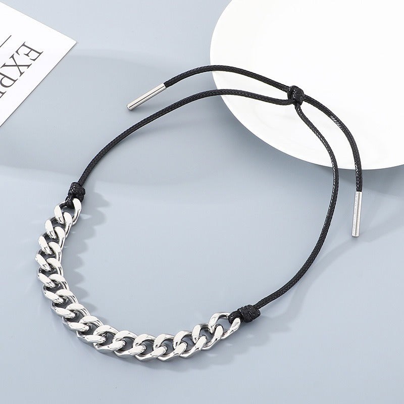 Kemstone Titanium Steel Cuban Link Necklace for Men,Black Wax Cord Western Style Gold Silver KN290590-Z