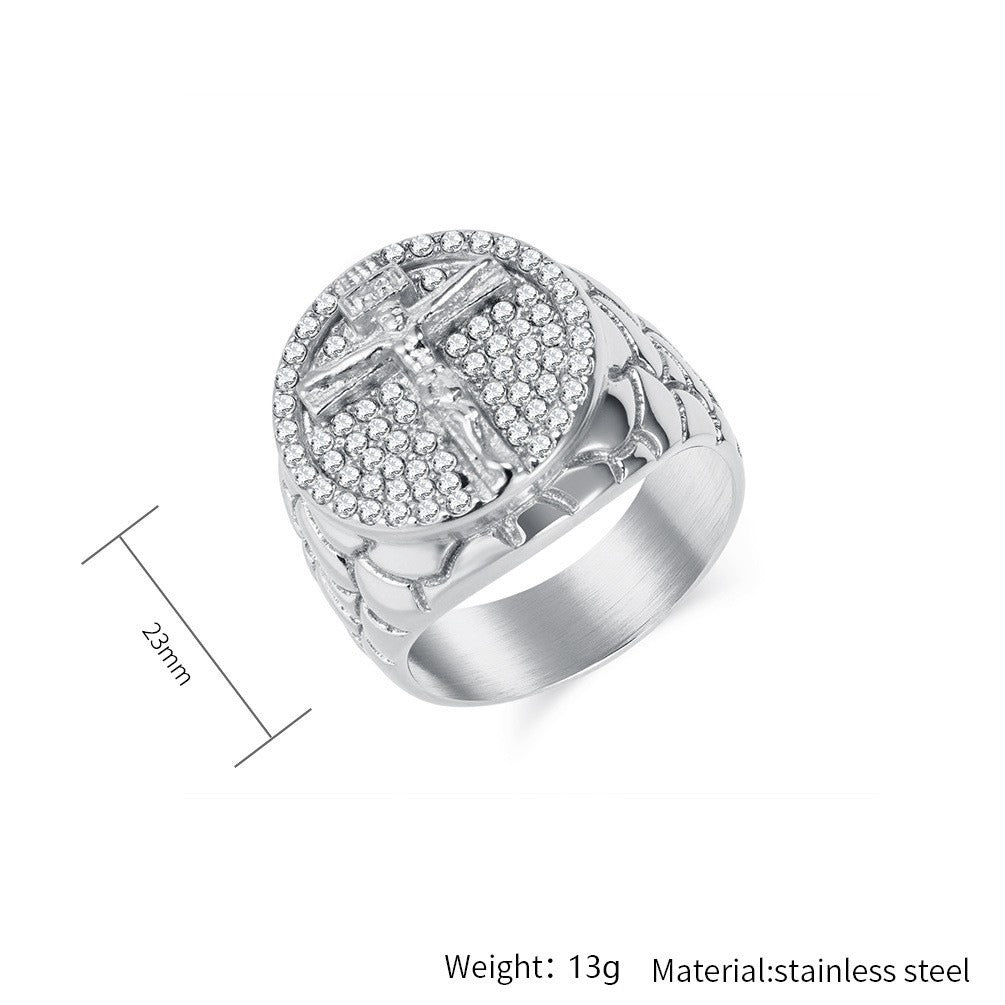 Kemstone Cross Signet Ring for Men Stainless Steel Cubic Zirconia Iced Out Gold Silver K-R1012