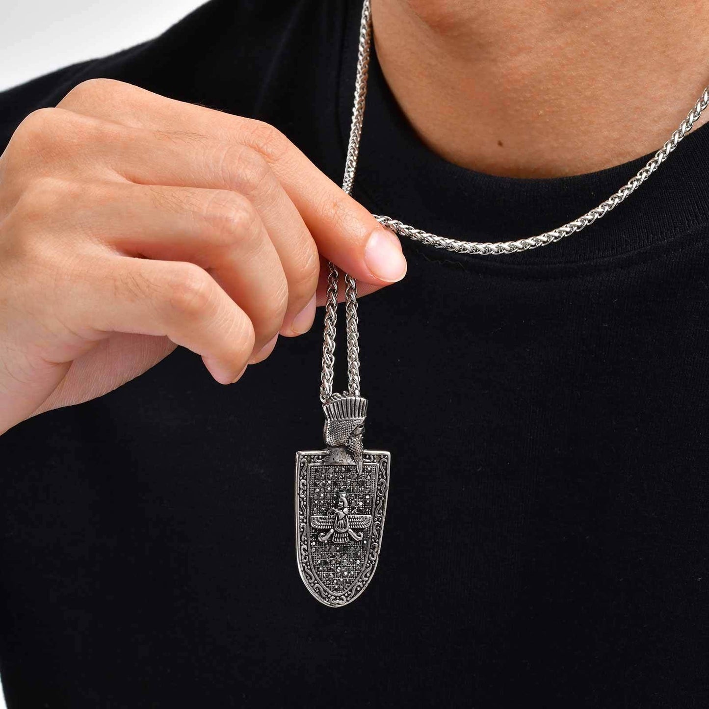 Kemstone Stainless Steel Shield Pendant Necklace for Men – Gun Black, Vintage Armor PN-2261