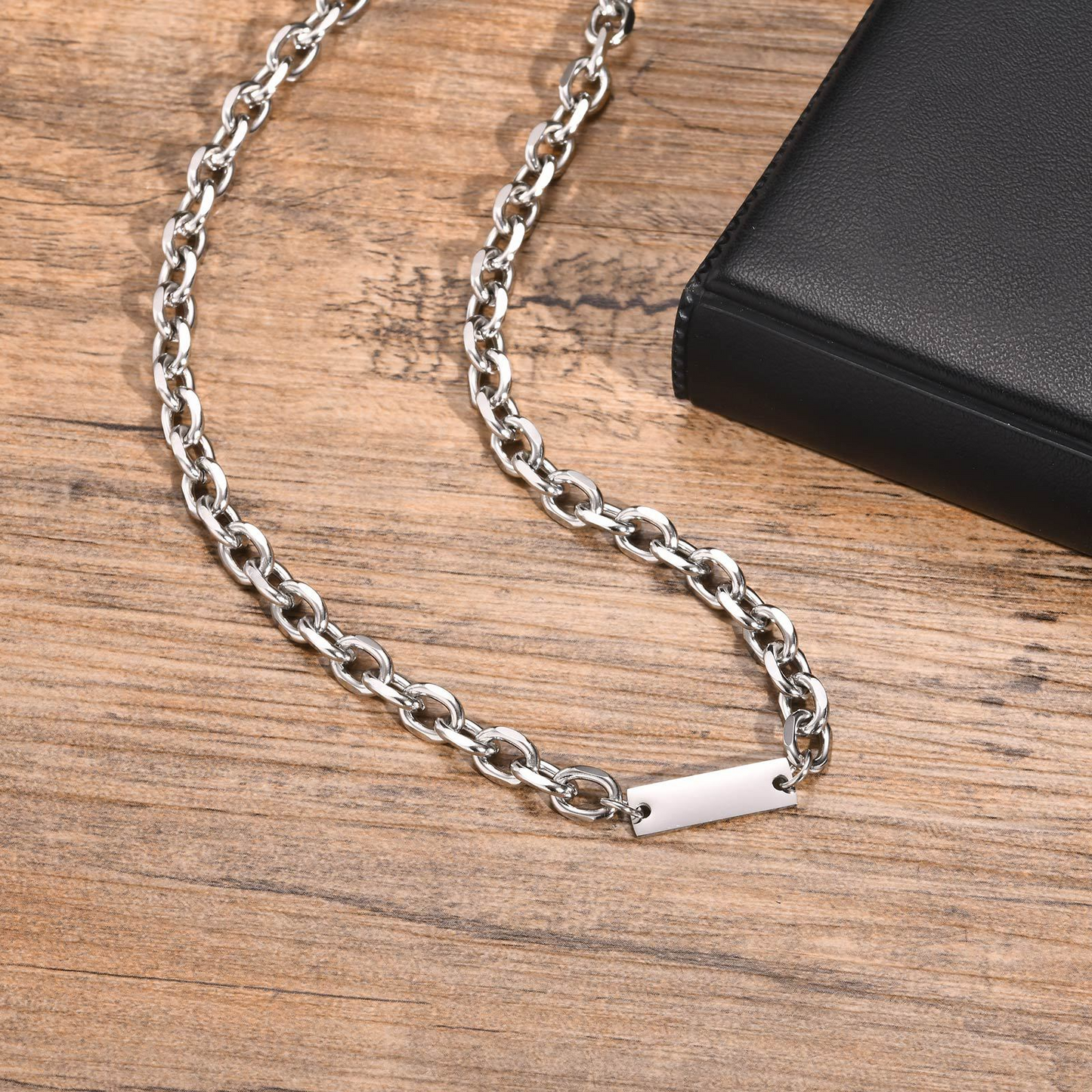 Kemstone Stainless Steel Rectangle Plate Chain Necklace for Men – Minimal Silver NC-1899