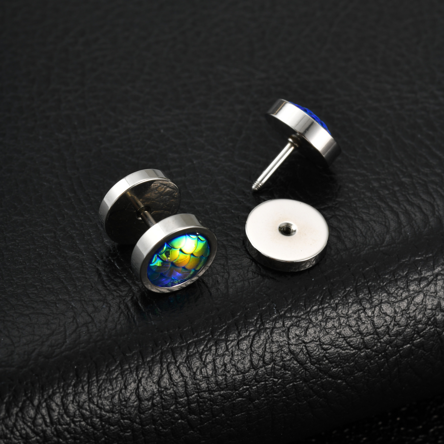 Kemstone Stainless Steel Colorful Fish Scale Stud Earrings for Men ES-832