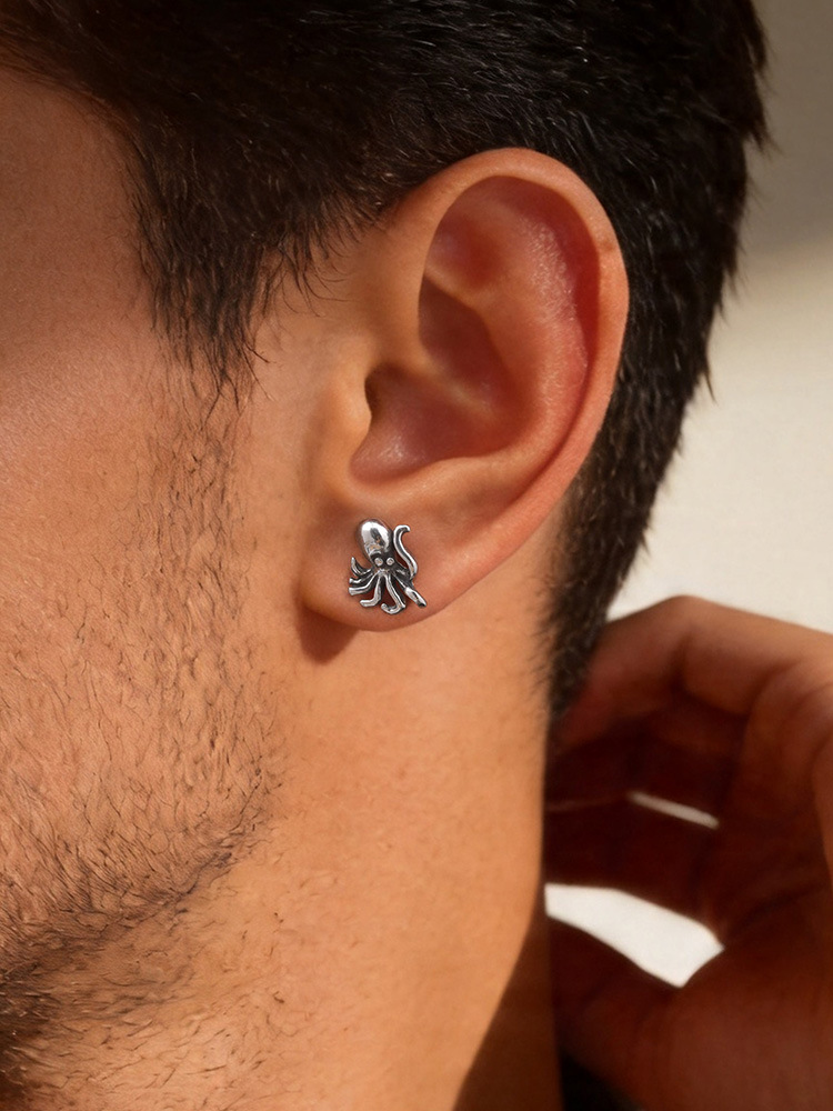 Kemstone Stainless Steel Octopus Stud Earring for Men Vintage Silver ES-831