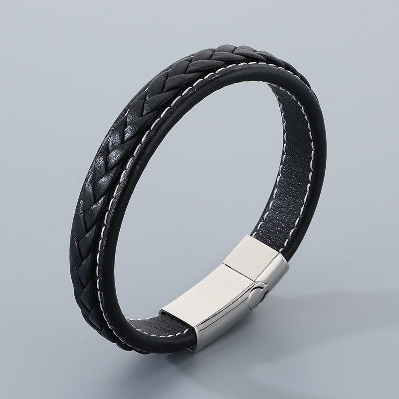 Kemstone Braided Leather Bracelet Secure Clasp Stainless Steel Flat Wristband for Men KB51333-D