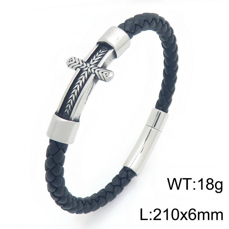 Kemstone Wheat Engraved Cross Bracelet for Men Braided Faux Leather Titanium Steel KB214751-SJ