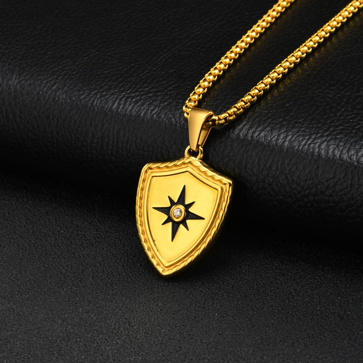 Kemston Eight Point Star Shield Pendant Necklace for Men Stainless Steel PN-2443