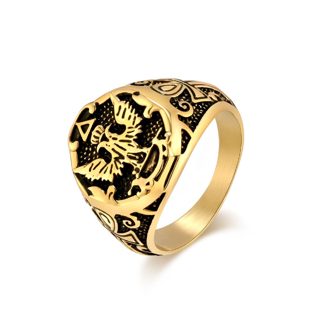 Kemstone Stainless Steel Double Eagle Signet Ring for Men Vintage Gothic Style K-R897
