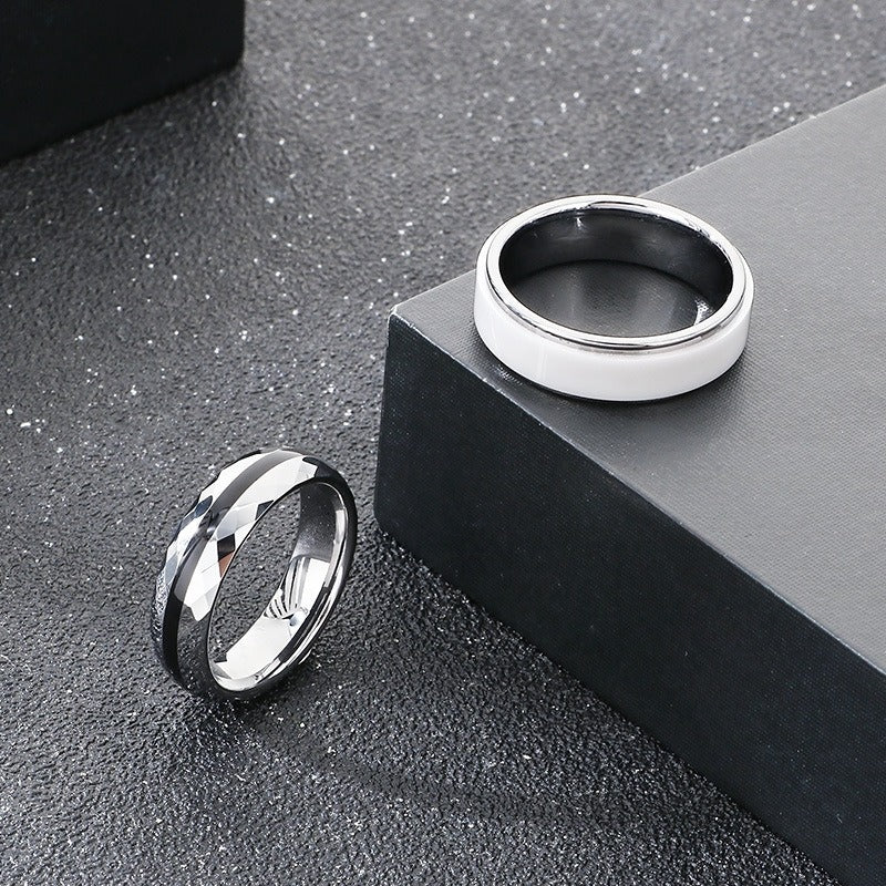 Kemstone Tungsten Steel Ring for Men & Women – Ceramic Inlay / Faceted Black Enamel Band 6mm 7mm KR114248-TS