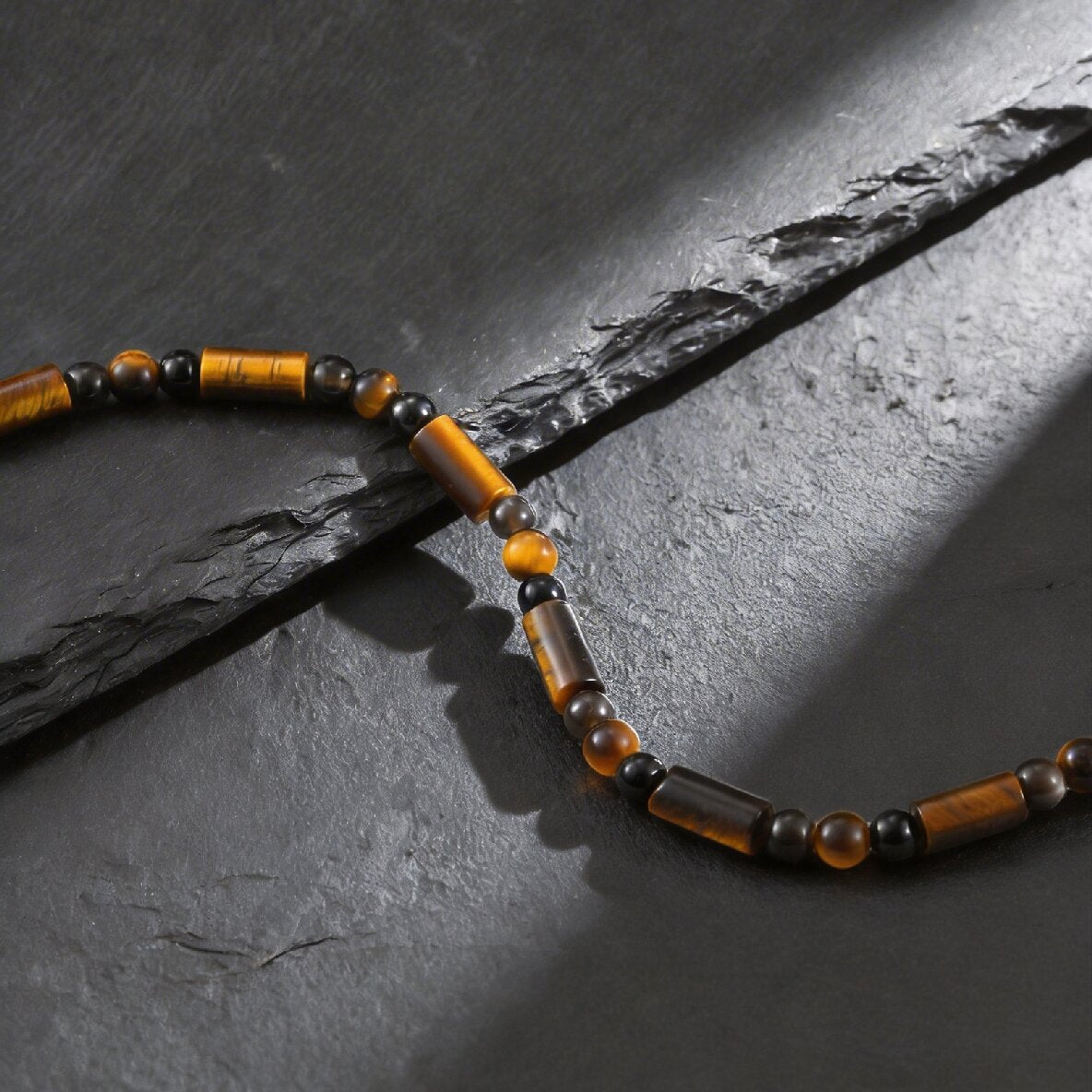 Kemstone Tiger Eye Beaded Bracelet for Men – Natural Stone Black Onyx Adjustable Chain BR-2924