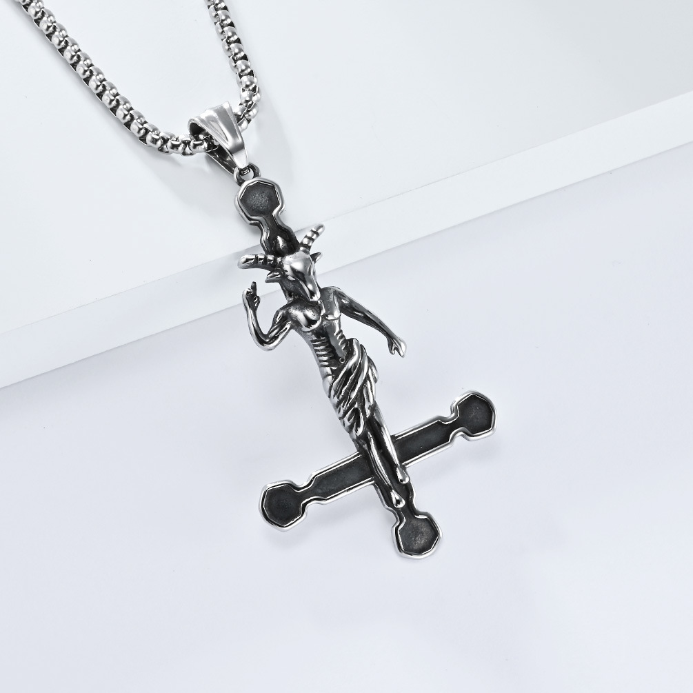 Kemstone Cross Pendant Necklace Stainless Steel Gothic Figure Design for Men Silver K-PT520