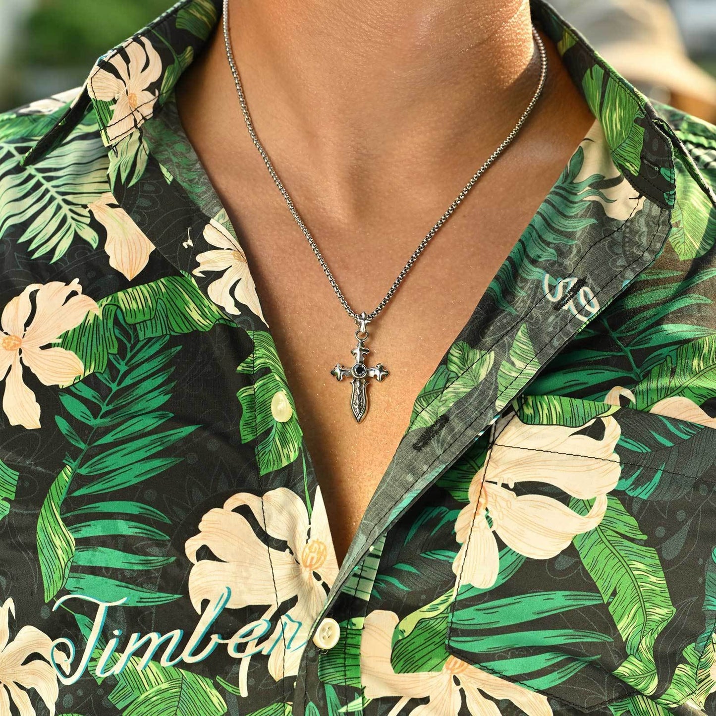 Kemstone Stainless Steel Vintage Cross Sword Pendant Necklace for Men with Black Zircon Stone PN2248