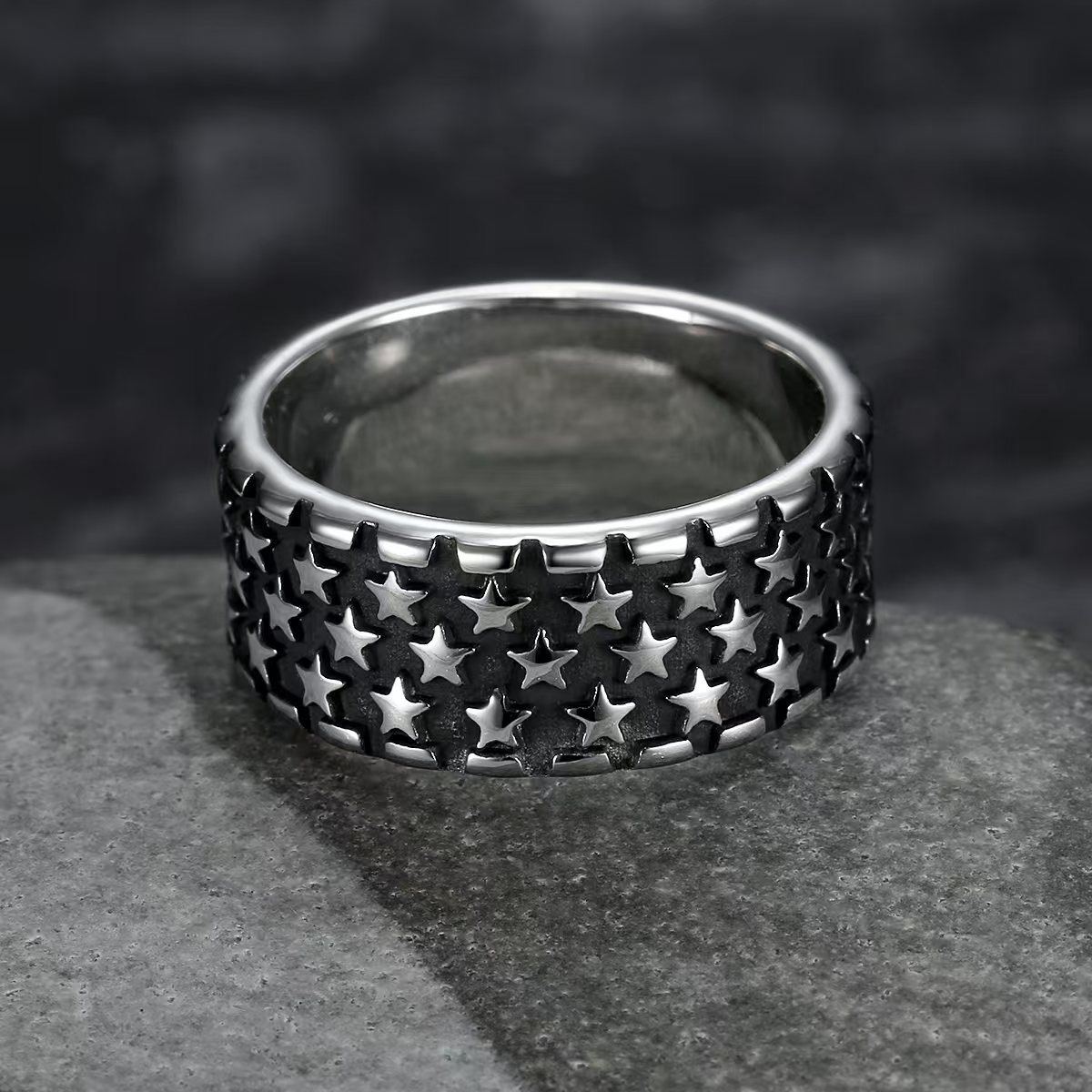 Kemstone Stainless Steel Star Ring for Men – Punk Style 10mm Wide Ring Gold/Silver TR0457