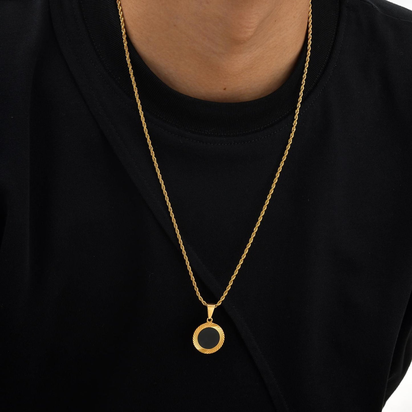 Kemstone Stainless Steel Sunburst Black Acrylic Pendant Necklace for Men PN-2243