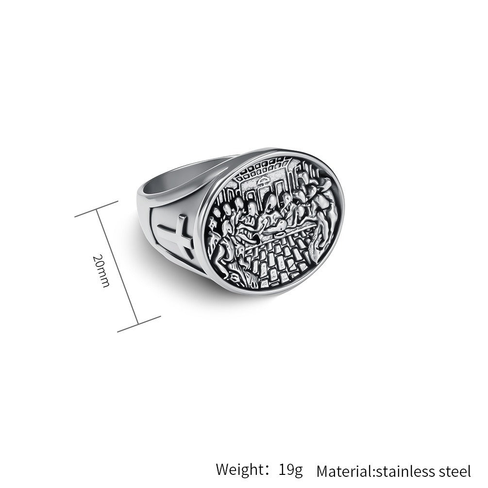 Kemstone Stainless Steel Last Supper Ring for Men – Vintage Cross Symbol Band K-R1085