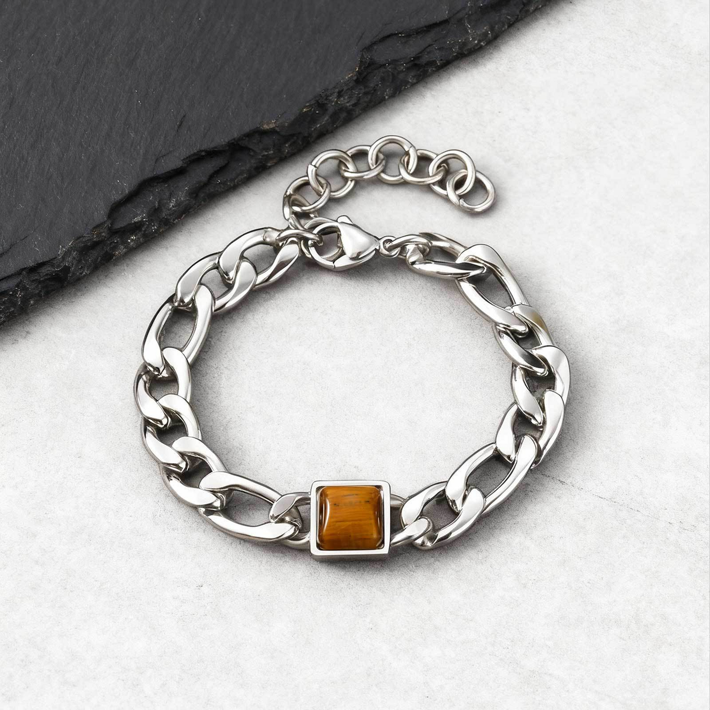 Kemstone Stainless Steel NK Chain Bracelet with Tiger Eye – Bold Link Style for Men BR-2741