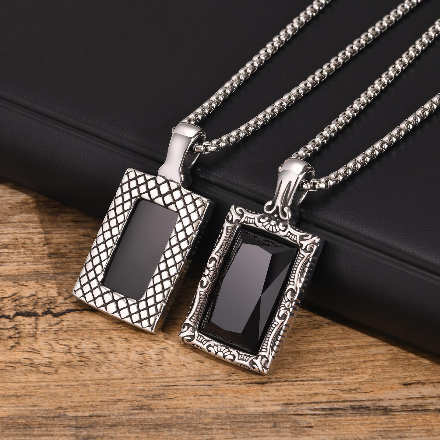 Kemstone Stainless Steel Black Glass Square Pendant Necklace for Men – Vintage Ornate Frame PN-1907