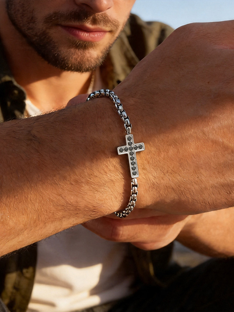 Kemstone Stainless Steel Cross Bracelet for Men Black Cubic Zirconia Box Chain BR-2766