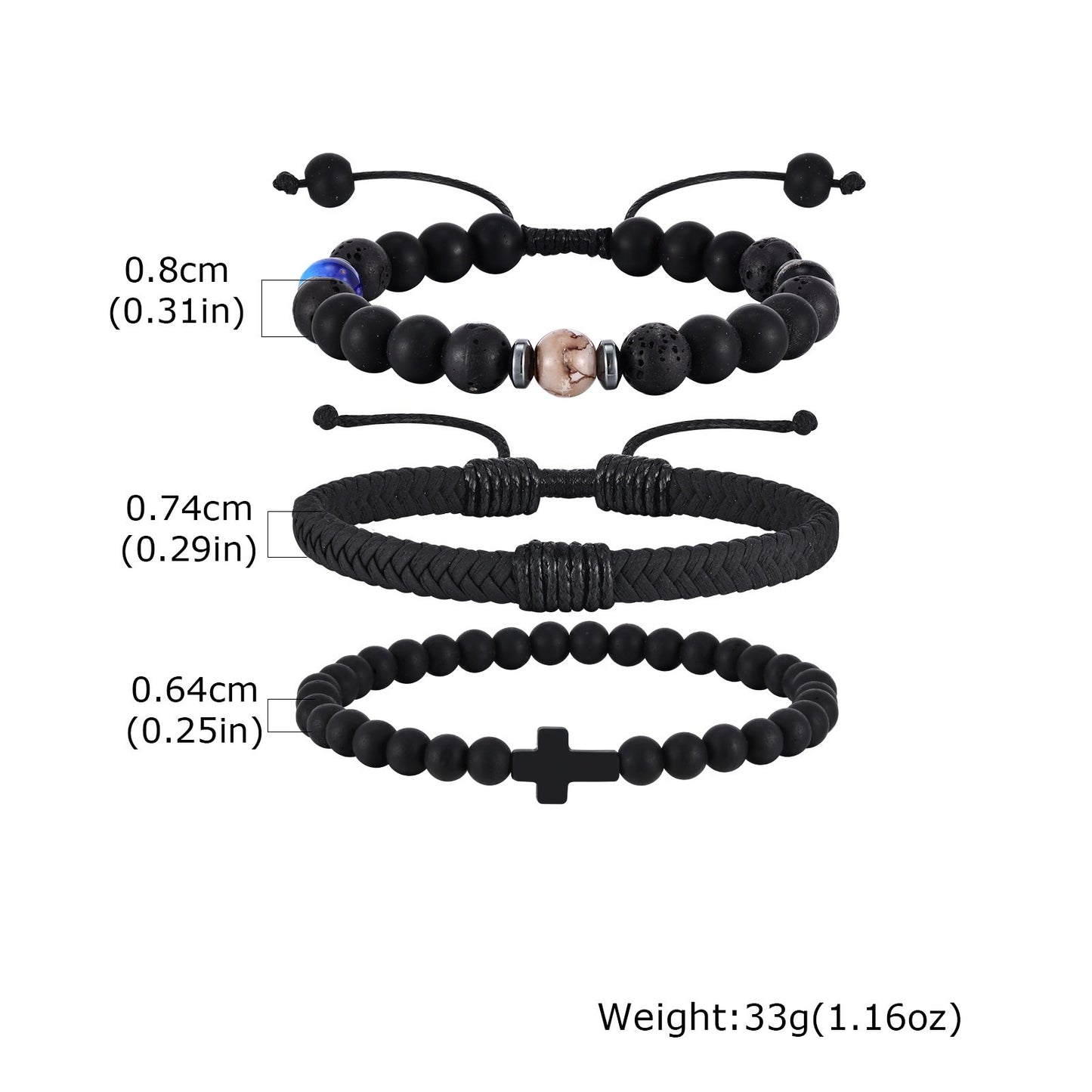 Kemstone Men’s Beaded Bracelet Set – Black Onyx, Lava Stone & Leather BR-2751