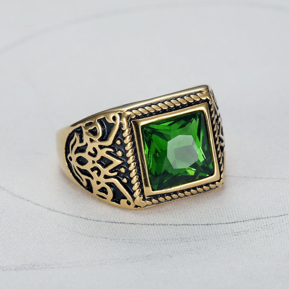 Kemstone Square Cubic Zirconia Ring for Men Stainless Steel Engraved Vintage TR0280
