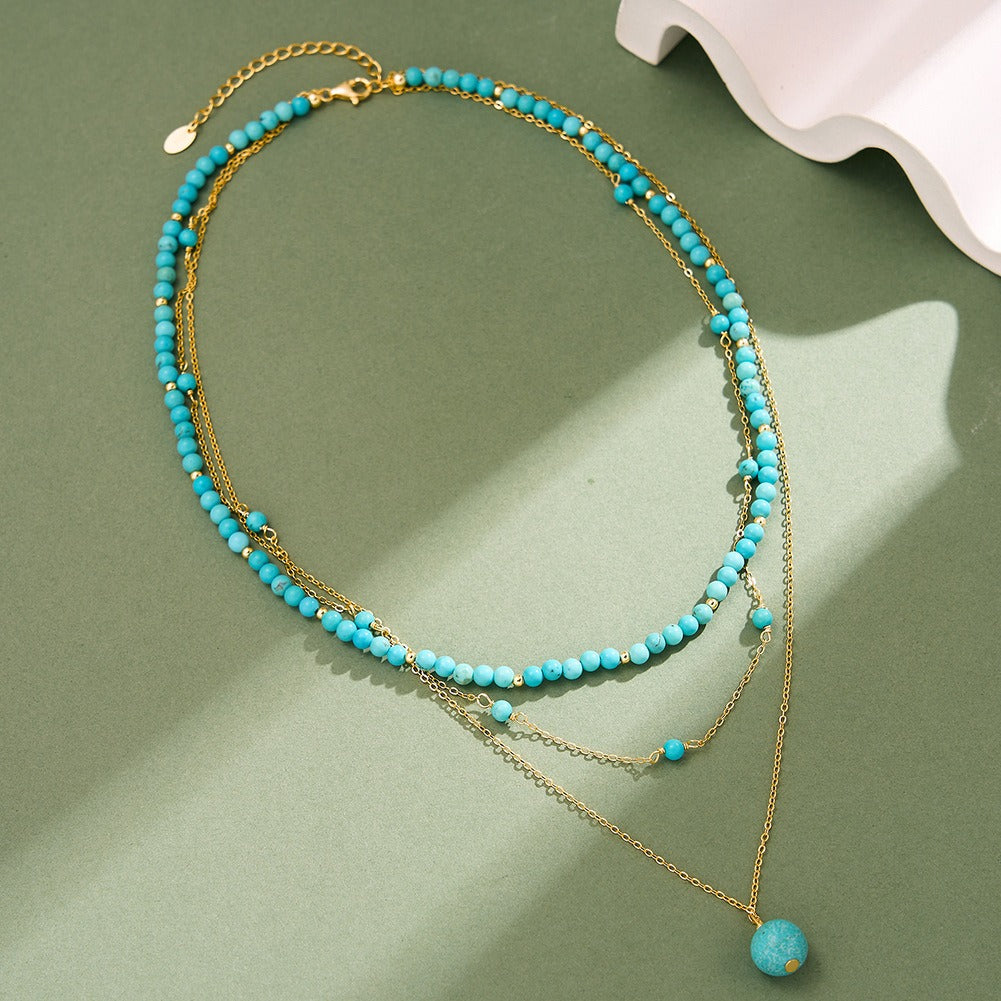 Kemstone 925 Sterling Silver Turquoise Layered Necklace for Women Beaded Double Chain BQN33