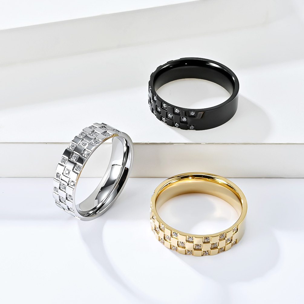 Kemstone Titanium Steel Grid Cubic Zirconia Ring Geometric Design for Men Women K-R743