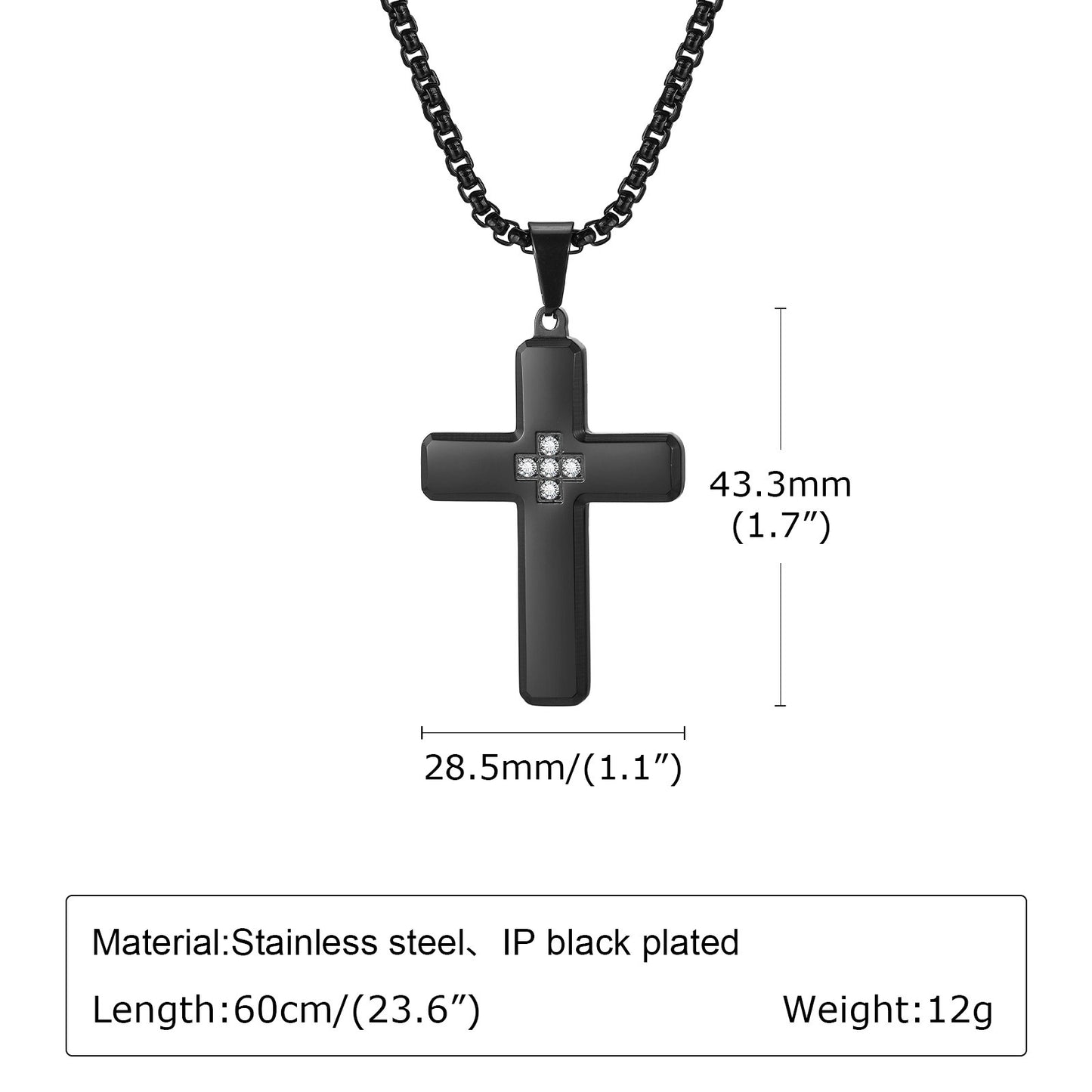 Kemstone Stainless Steel Cross Pendant Necklace with Cubic Zirconia Inlay for Men PN-2044