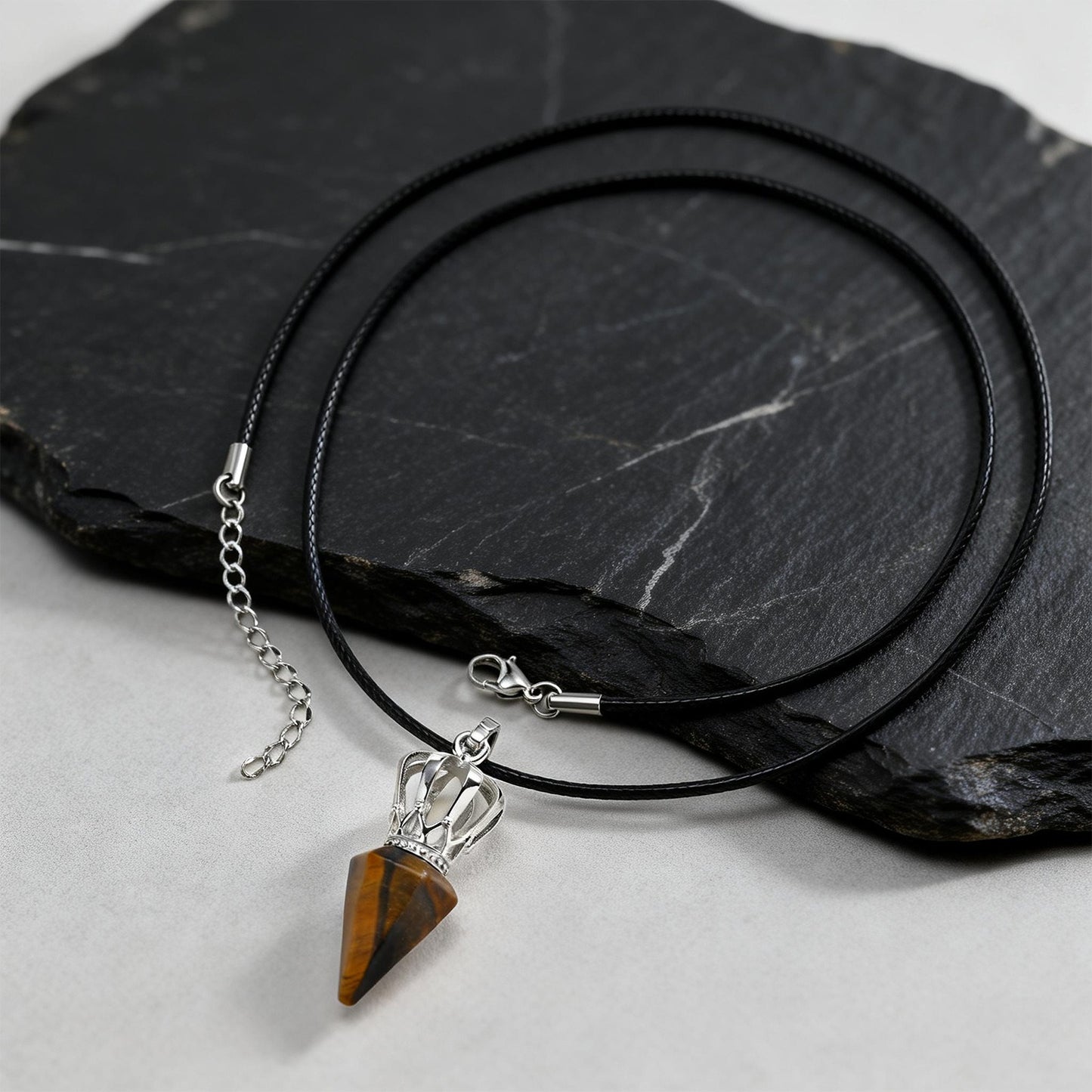 Kemstone Stainless Steel Bullet Tip Hexagonal Crown Tiger Eye Stone Pendant Necklace for Men PN-2286