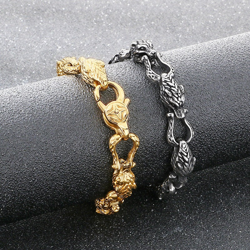 Kemstone Viking Tail-Biting Wolf Head Bracelet – Stainless Steel Vintage Design, Gold/Silver KB204389-KJX