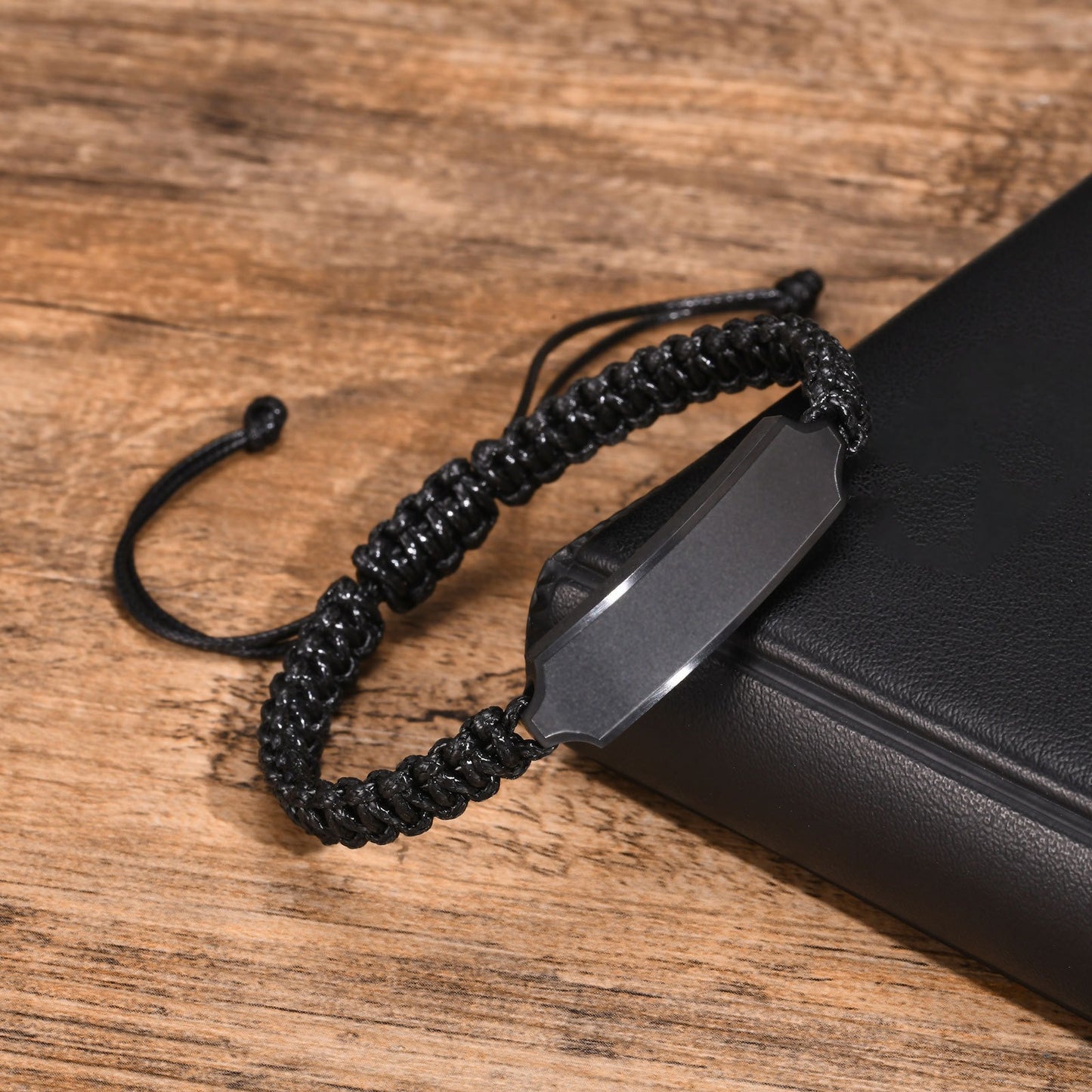 Kemstone Black Braided Stainless Steel Bracelet – Men’s Adjustable ID Plate Minimalist Band BR-2057