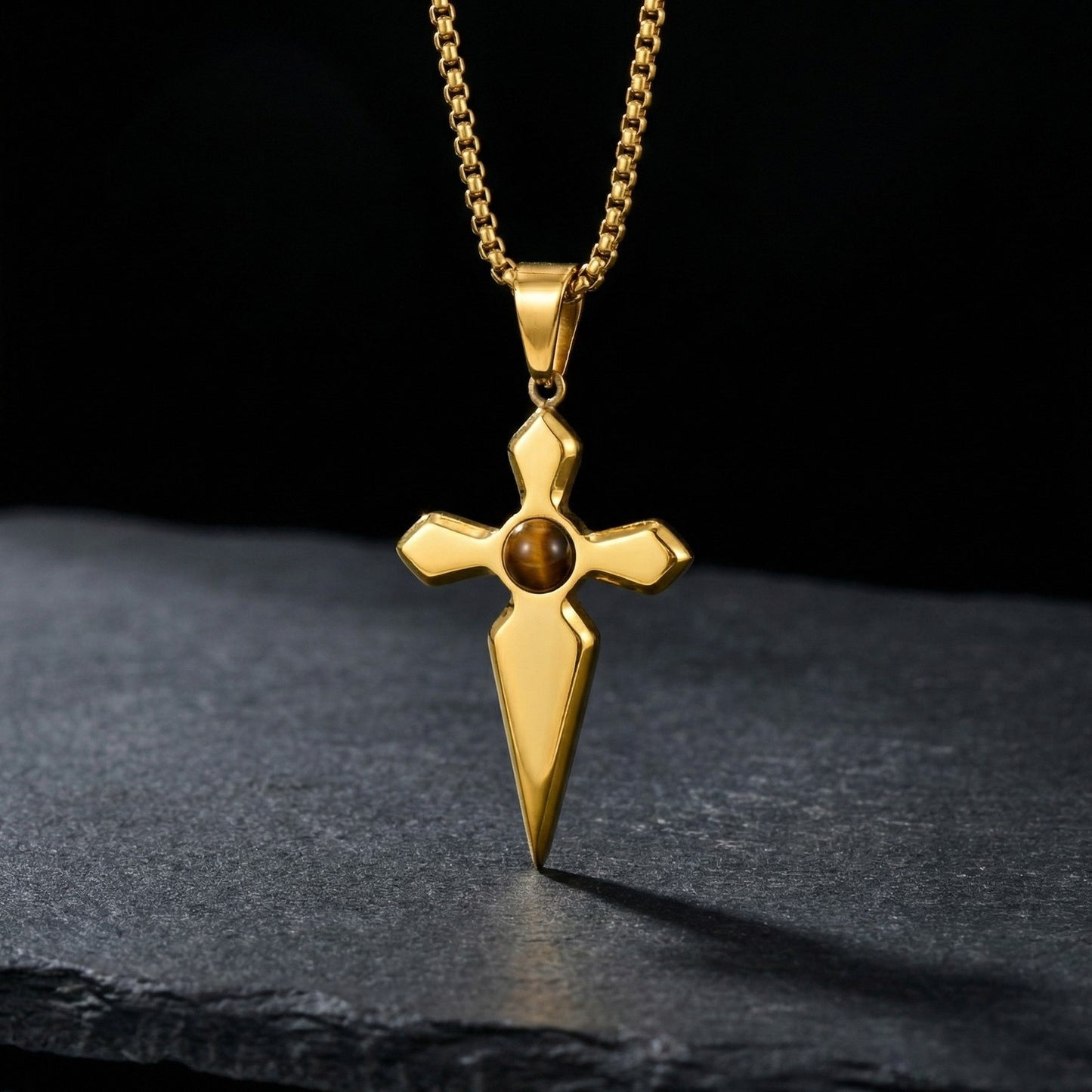 Kemstone Stainless Steel Tiger Eye Cross Pendant Necklace for Men PN-2287