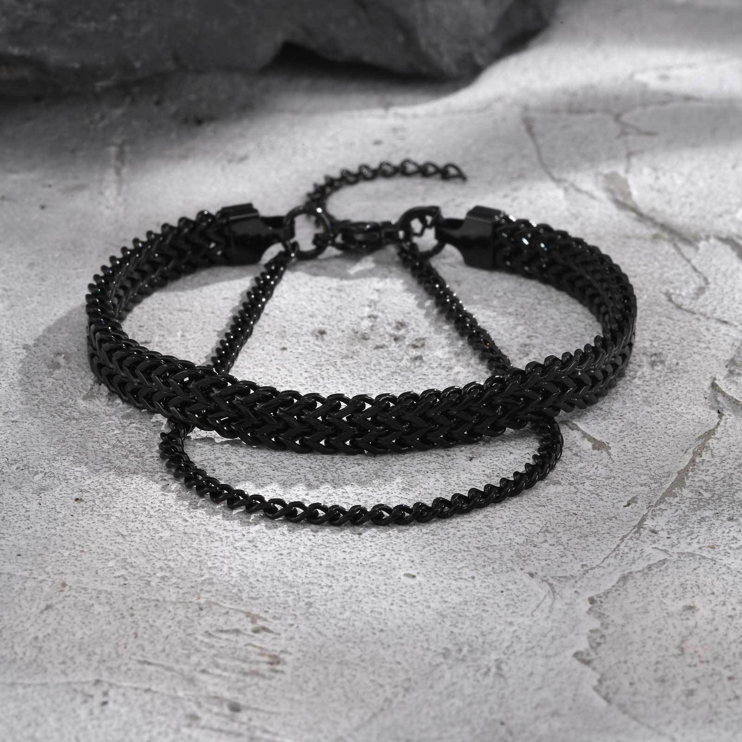 Kemstone Stainless Steel Double Layer Chain Bracelet – Black Layered Style for Men BR-1081