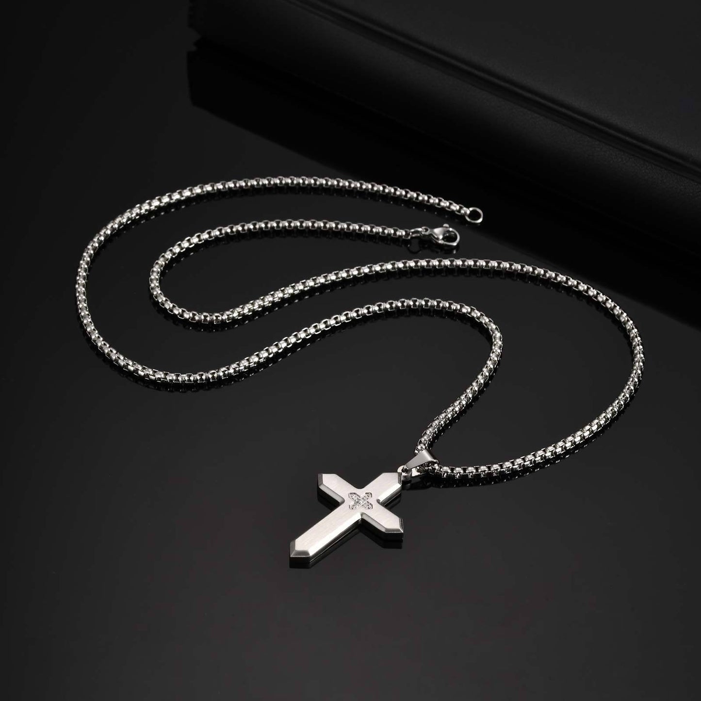 Kemstone Stainless Steel Brushed Cross Pendant Necklace with Cubic Zirconia – Square Link Chain for MenPN-2198