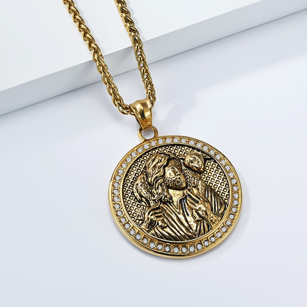 Kemstone Stainless Steel Guardian Figure Relief Pendant Necklace – Vintage Medallion Style K-PT688