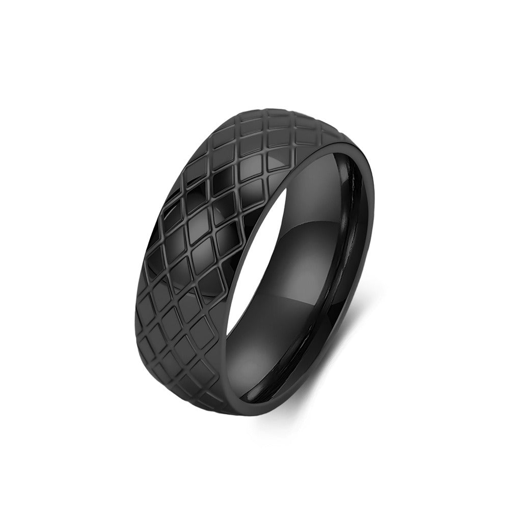Kemstone Stainless Steel Geometric Grid Ring for Men 8mm Vintage Textured Pattern K-R1183
