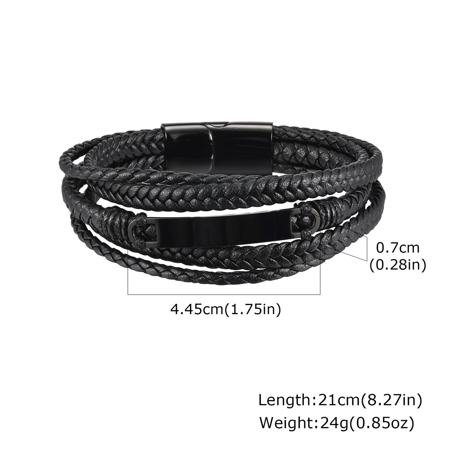 Kemstone Stainless Steel Curved Plate Multi-Layer PU Leather Bracelet for Men – Black Double Wrap Design BL-783