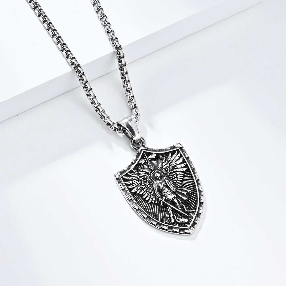Kemstone Winged Shield Stainless Steel Pendant Necklace for Men – Vintage Relief Cross-Form Design K-PT515