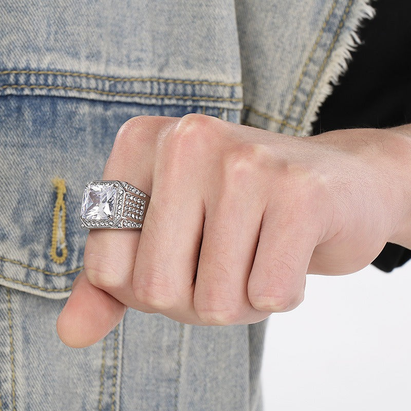 Anillo de acero de titanio Kemstone para hombre, banda ancha con incrustaciones de circonita 3A para un lujo diario KR112700-MZOZ