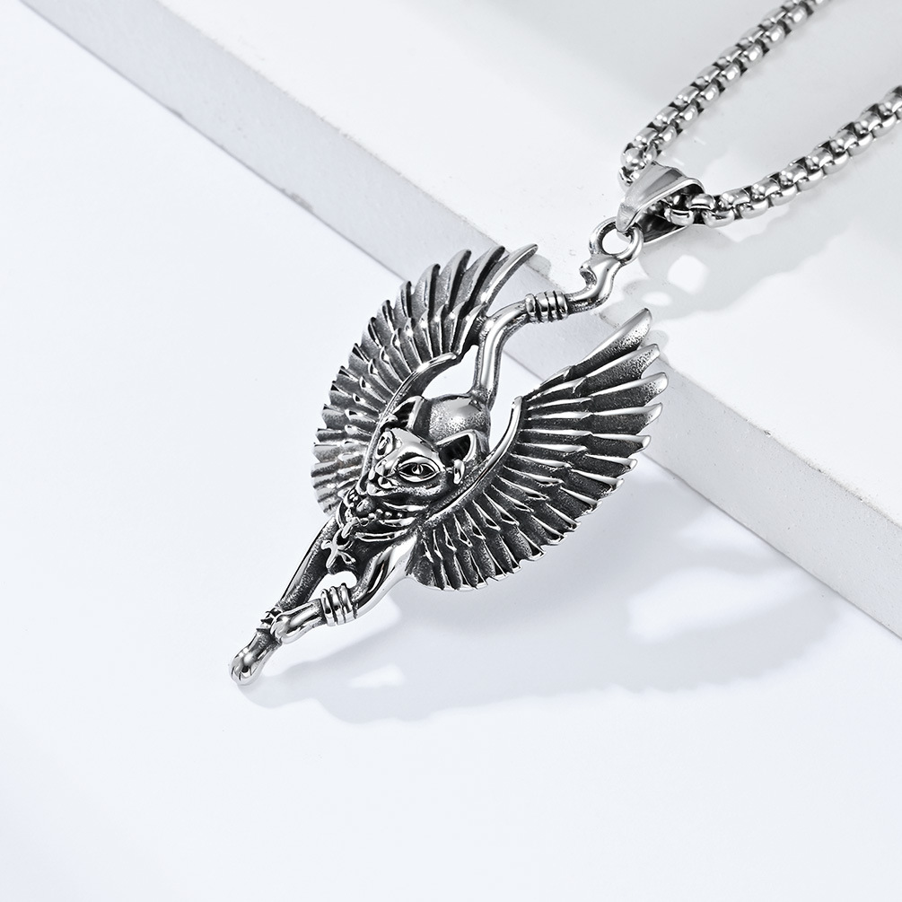 Kemstone Egyptian Cat Pendant Necklace for Men Stainless Steel Animal Sculpted Detail K-PT461