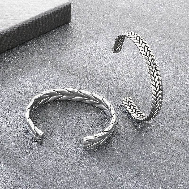 Kemstone Titanium Steel Leaf Braided Cuff Bracelet Vintage Open Style for Men KB209293-LU