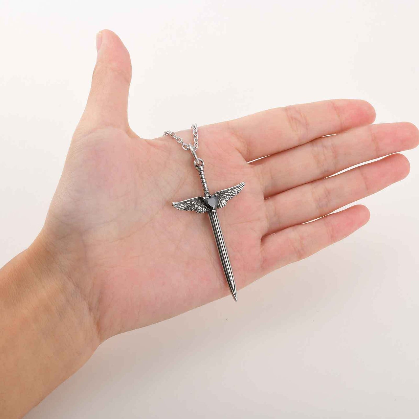 Kemstone Stainless Steel Winged Sword Pendant Necklace with Black Cubic Zirconia for Men PN-2245