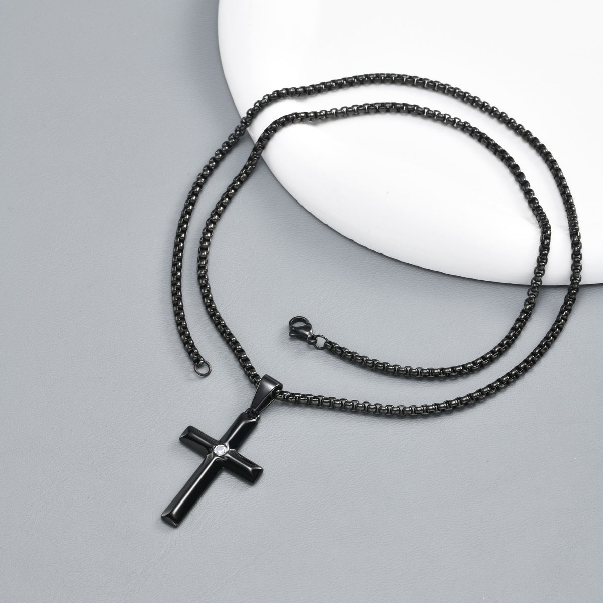 Kemstone Black Cross Pendant Necklace for Men Stainless Steel Cubic Zirconia Center PN-2440