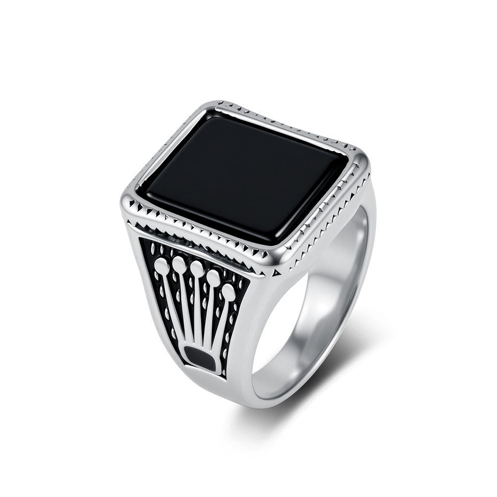 Kemstone Square Black Stone Signet Ring for Men Stainless Steel Vintage Crown Detail K-R1213