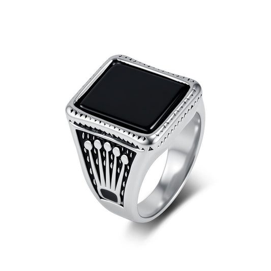 Kemstone Square Black Stone Signet Ring for Men Stainless Steel Vintage Crown Detail K-R1213