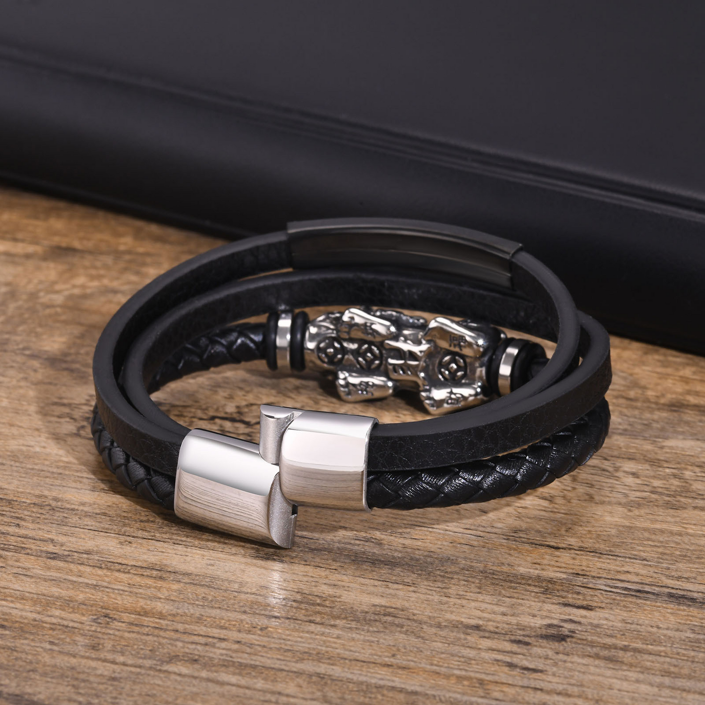 Kemstone Men’s Black Leather Bracelet – Triple-Layer Band with Stainless Steel Pixiu Charm BL-681