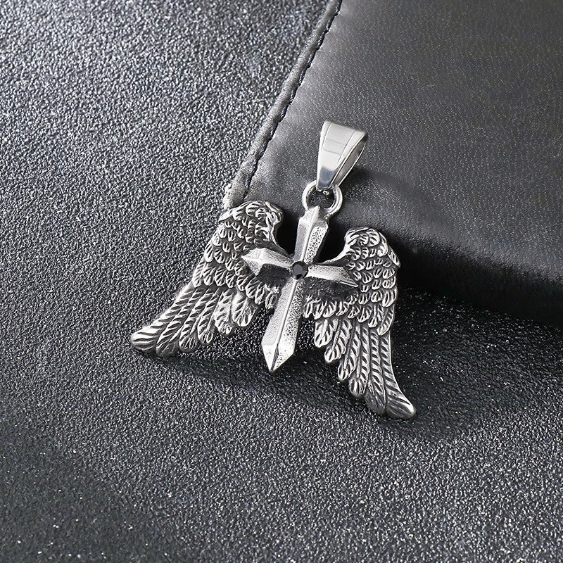 Kemstone Men’s Angel Wing Cross Necklace – Titanium Steel Gothic Pendant KP116184-MZOZ