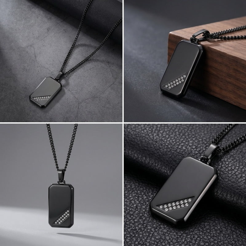 Kemstone Titanium Steel Tag Pendant Necklace for Men Angled Cubic Zirconia KN302396-KFC