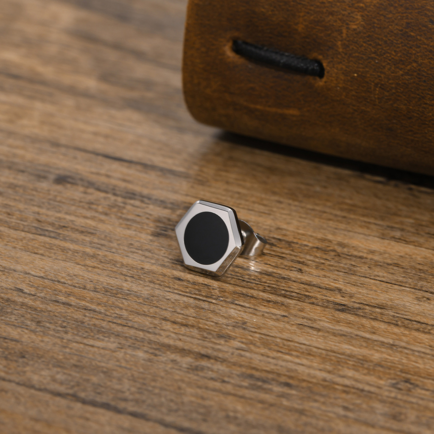 Kemstone Stainless Steel Hexagon Stud Earrings for Men – Black Enamel Inlay ES-423