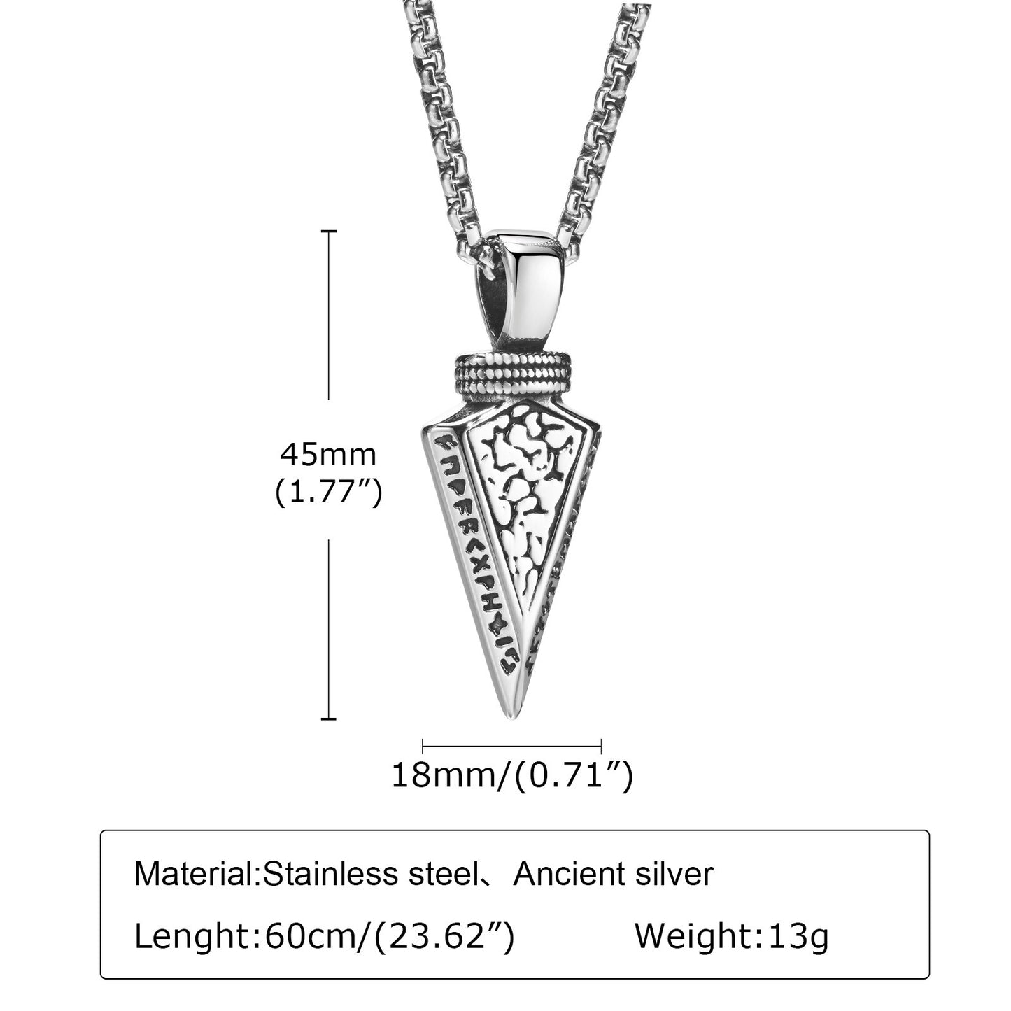 Kemstone Viking Arrowhead Pendant for Men – Stainless Steel Norse Necklace in Silver or Black, Gothic Street Style PN-1859