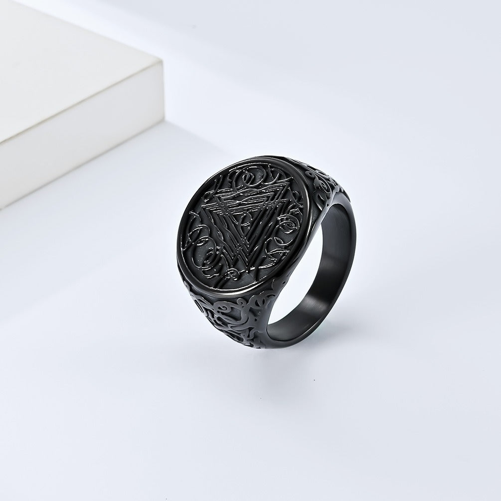 Kemstone Stainless Steel Viking Triangle Knot Signet Ring for Men Silver Black K-R735