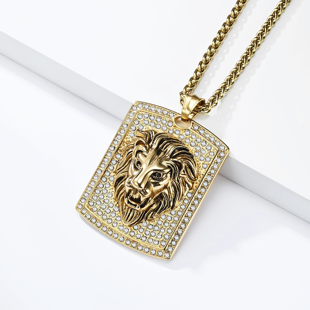 Kemstone Stainless Steel Lion Head Pendant Necklace for Men Iced Rhinestone Tag K-PT718