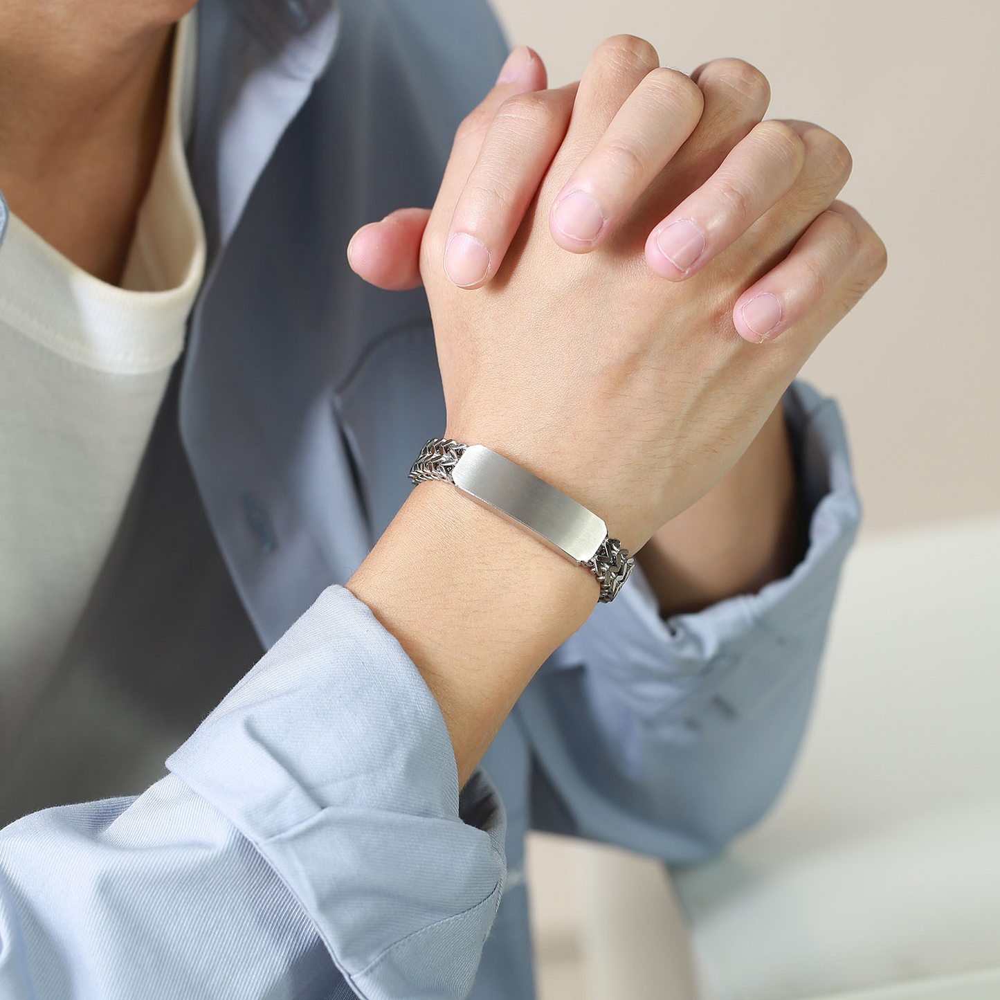 Kemstone Stainless Steel Double Layer ID Chain Bracelet for Men – Brushed Plate Heavy Style   BR-1310